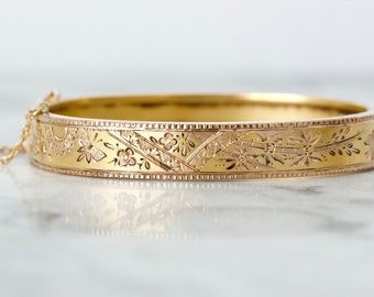 Antique Victorian Hinged Bangle Bracelet in 14k Yellow Gold, Stunning Butterfly / Moth Engraving and Ornate Foliage and Nature Details