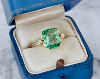 Vintage Minty Green Emerald Cut Gemstone Ring, 1950s Mid Century Jewelry, 10k Yellow Gold Size 6.25, Dainty Floral Ring, Fine Estate Jewelry