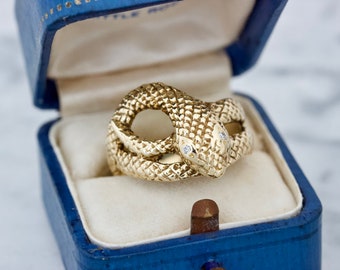 Vintage Gold Snake Ring, Unique Serpent Jewelry, 14k Yellow Gold Size 9, 1960s Statement Ring, Substantial Solid Gold, Diamond Eye Accents