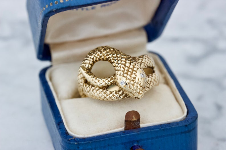 Vintage Gold Snake Ring, Unique Serpent Jewelry, 14k Yellow Gold Size 9, 1960s Statement Ring, Substantial Solid Gold, Diamond Eye Accents image 1