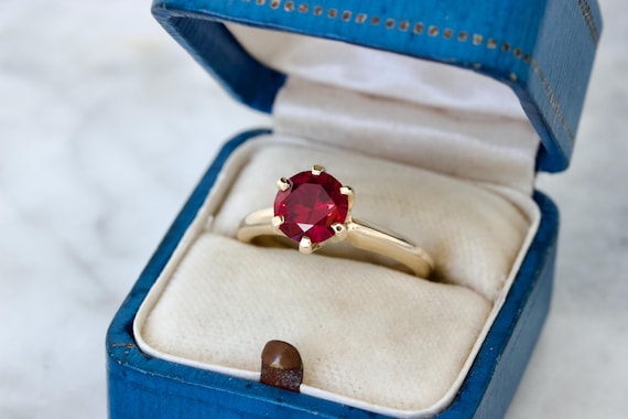 Antique Synthetic Ruby Solitaire Ring in 10k Yell… - image 2