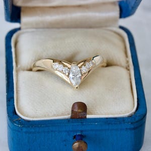 Vintage Marquise Cut Diamond Ring in 14k Yellow Gold, Contoured Chevron Ring Size 8, Statement Cocktail Estate Jewelry 1980s 1990s Aesthetic