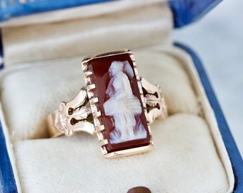 Unique Antique Cameo Ring, Late Victorian Jewelry 14k Rosy Yellow Gold Size 6.5, Full Figure Portrait Carving, Rectangular Sardonyx Gemstone