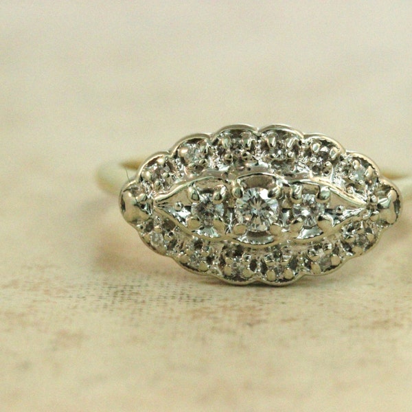 Vintage Engagement Ring Diamond Cluster Ring MidCentury Ring Retro Ring Dainty Ring Romantic Ring 10k Gold Ring Estate Ring Size 8.25