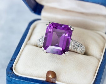 Vibrant Emerald Cut Amethyst Ring in 14k White Gold, Size 5.5, Fine Estate Diamond Cocktail Jewelry, Unique February Birthstone Rings