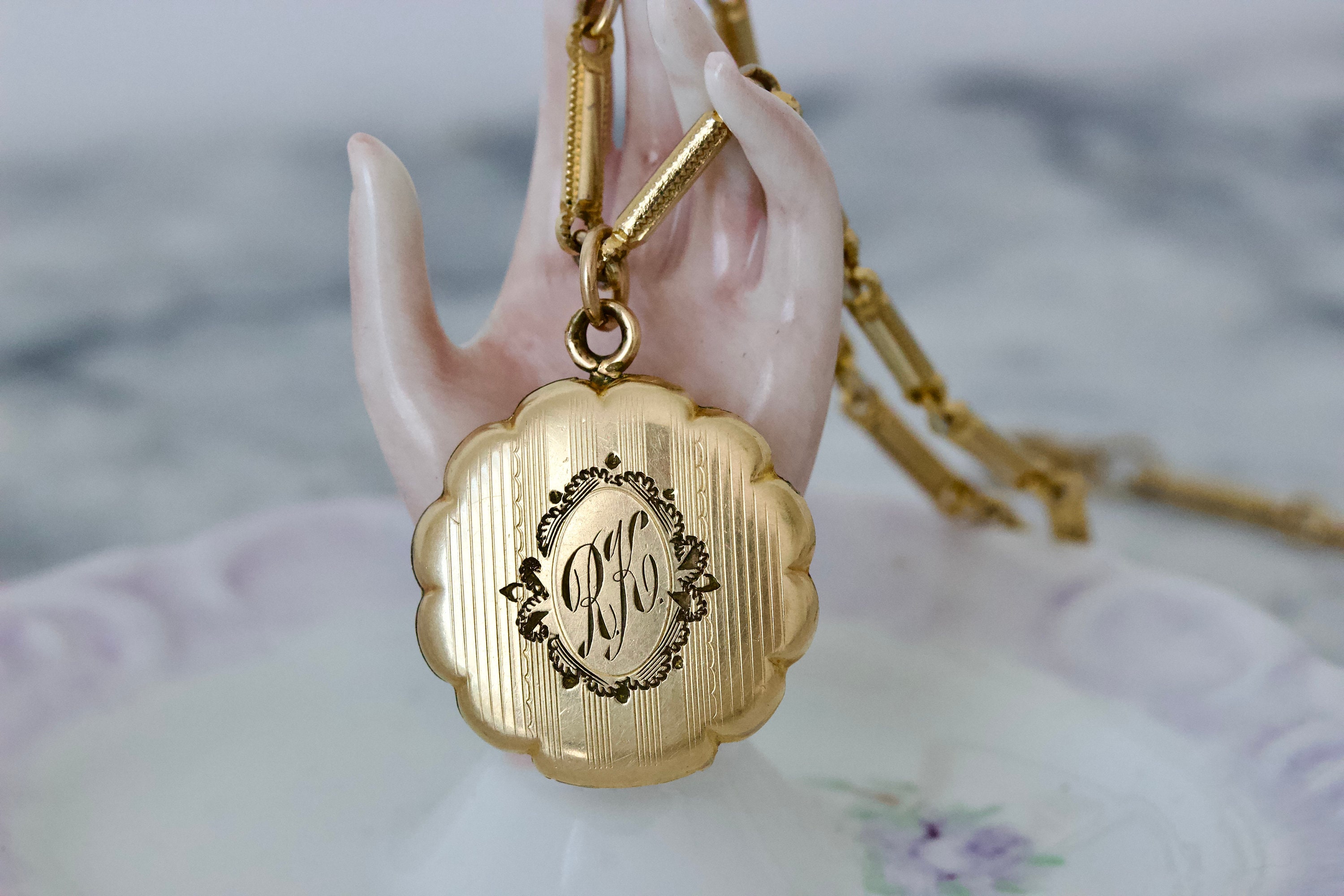 Circa 1940s Dainty Vintage Gold Filled Locket With RK Initials