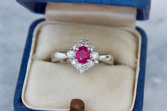 Vibrant Ruby Engagement Ring, Platinum Diamond Ha… - image 1