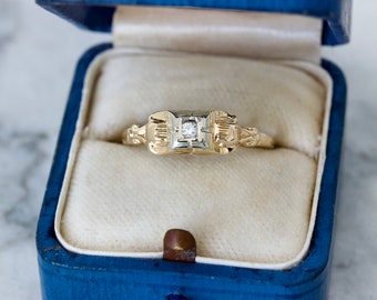 Dainty Antique Engagement Ring in 14k Yellow Gold, Size 7.5, Stackable 1920s 1930s Art Deco Era Diamond Promise Rings, April Birthstone