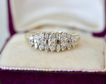 Vintage Anniversary Band, Baguette Diamond Ring, 14k White and Yellow Gold, Size 7.5 Unique Wedding Rings, Fine Estate Statement Jewelry