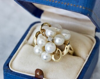 Creamy Cultured Pearl and Diamond Cocktail Ring in 10k Yellow Gold, Size 6, June Birthstone, Feminine Gold Rings, Fine Estate Jewelry