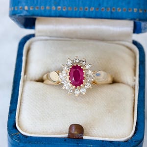 Dainty Ruby Halo Engagement Ring in 14k Yellow Gold Size 7, July Birthstone Jewelry, Oval Cut Red Gemstone, Vintage 1980s 90s Cocktail Ring