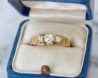 Antique Diamond Ring in 14k Yellow Gold, Size 7.75, Dainty Engraved Ring Circa 1890 1900s, Old Mine Cut Diamonds, Stackable Anniversary Ring