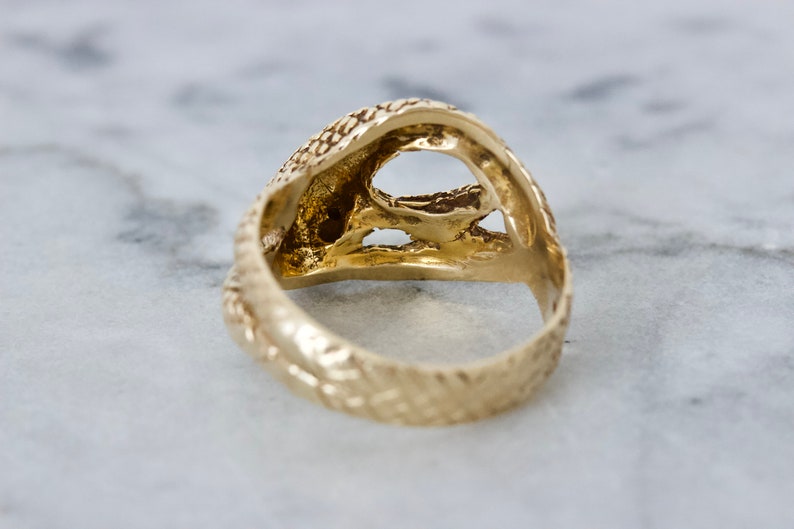 Vintage Gold Snake Ring, Unique Serpent Jewelry, 14k Yellow Gold Size 9, 1960s Statement Ring, Substantial Solid Gold, Diamond Eye Accents image 7