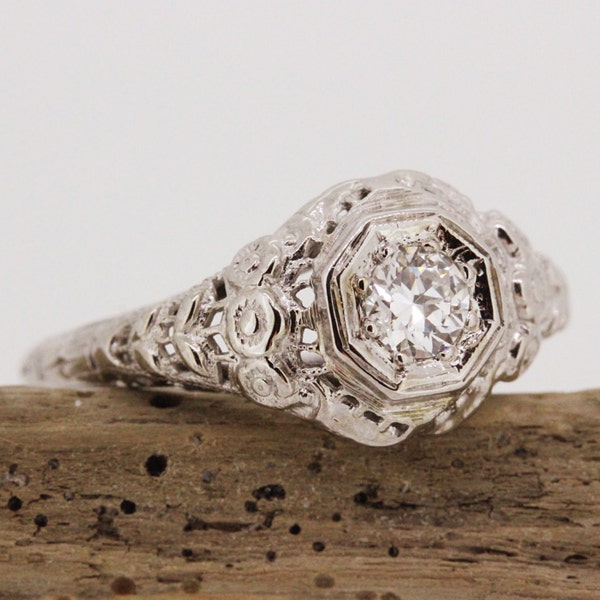 Antique Engagement Ring Vintage Diamond Ring Art Deco Ring Edwardian Ring 14k White Gold Ring Estate Ring Wedding Ring Art Nouveau Size 8.25