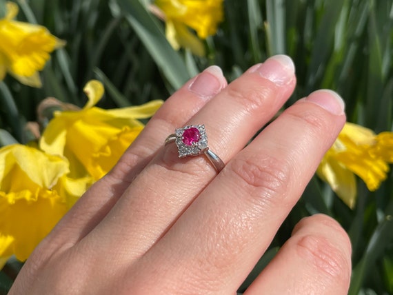 Vibrant Ruby Engagement Ring, Platinum Diamond Ha… - image 9