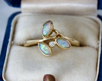 Dainty Floral Opal Trio Cocktail Ring, 14k Yellow Gold, Size 7.25, October Birthstone Jewelry, Nature Inspired Stacking Ring, Estate Jewelry