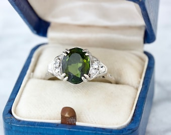Vibrant Green Tourmaline Ring in 18k White Gold, Size 7, Unique Oval Cut Gemstone Rings, Art Deco Inspired Filigree Cocktail Jewelry