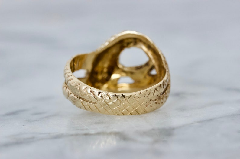 Vintage Gold Snake Ring, Unique Serpent Jewelry, 14k Yellow Gold Size 9, 1960s Statement Ring, Substantial Solid Gold, Diamond Eye Accents image 6