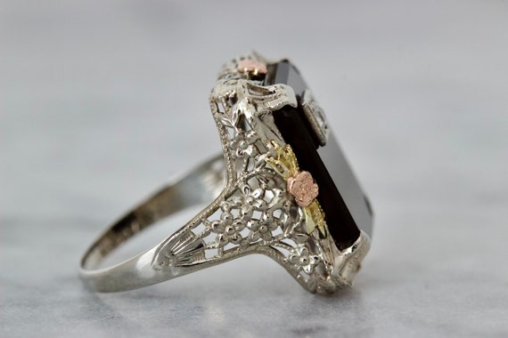 Art Deco Filigree Ring with Diamond Inlaid Black … - image 6