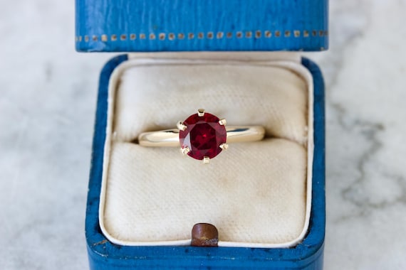 Antique Synthetic Ruby Solitaire Ring in 10k Yell… - image 1