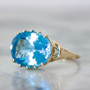 Bold 1990s Blue Topaz Cocktail Ring in 14k Yellow Gold, Size 6, Vintage Statement Rings, December Birthstone Jewelry, Oval Cut Gemstones image 5