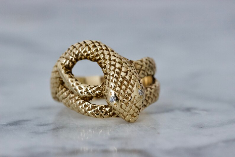 Vintage Gold Snake Ring, Unique Serpent Jewelry, 14k Yellow Gold Size 9, 1960s Statement Ring, Substantial Solid Gold, Diamond Eye Accents image 4