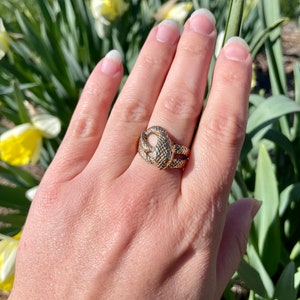 Vintage Gold Snake Ring, Unique Serpent Jewelry, 14k Yellow Gold Size 9, 1960s Statement Ring, Substantial Solid Gold, Diamond Eye Accents image 9