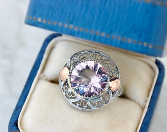 Art Deco Amethyst Ring in 14k White Gold, Size 5.5, 1920s Filigree Ring, February Birthstone, Rose Gold Accents, Antique Cocktail Rings