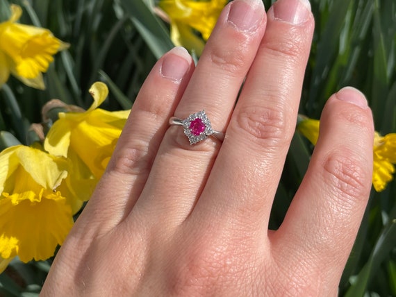 Vibrant Ruby Engagement Ring, Platinum Diamond Ha… - image 8