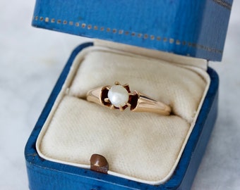 Antique Pearl Ring Inscribed 'Annie from Papa 1885', Rosy 10k Gold Ring, Size 6.75, Victorian Era Jewelry, June Birthstone Solitaire Ring