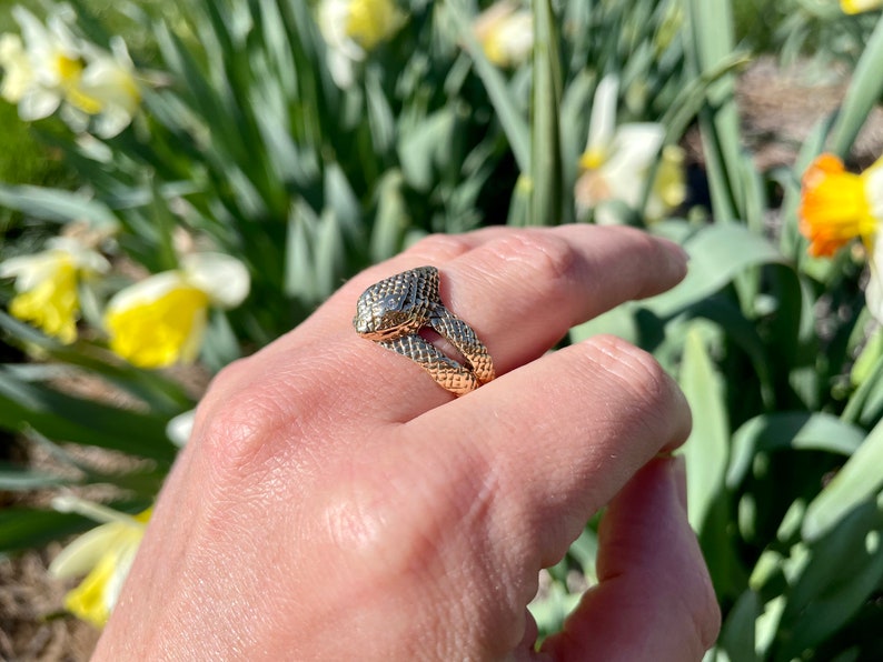 Vintage Gold Snake Ring, Unique Serpent Jewelry, 14k Yellow Gold Size 9, 1960s Statement Ring, Substantial Solid Gold, Diamond Eye Accents image 10