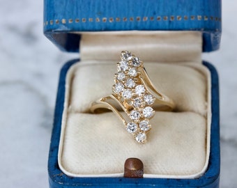 1980s Diamond Waterfall Cluster Ring, 14k Yellow Gold, Size 6.75, 0.50 CTTW, Classic Vintage Cocktail Ring, April Birthstone, Statement Ring