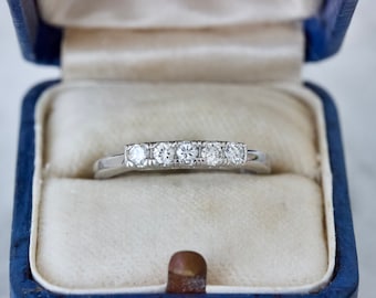 Pretty Five Stone Diamond Wedding Band in Platinum, Size 6, 0.25 CTTW Diamond Stacking Ring, April Birthstone, Estate Anniversary Rings
