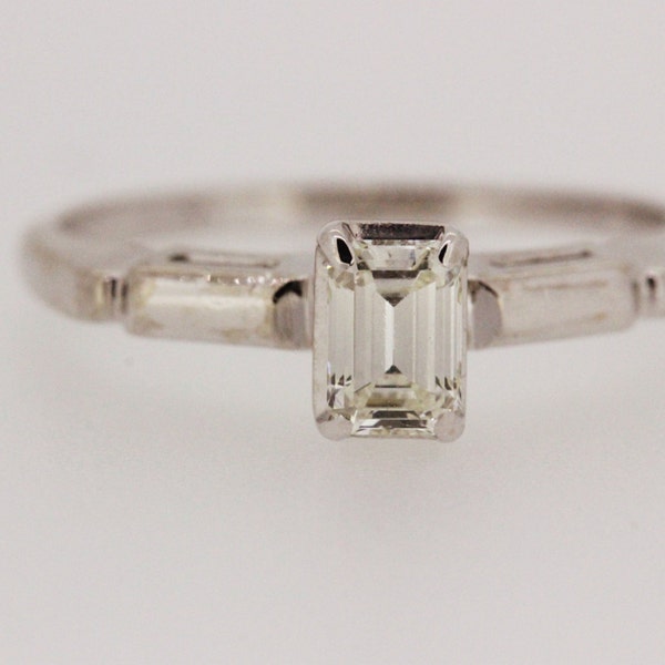 Diamond Engagement Ring 1950s Ring Mid Century Ring Emerald Cut Diamond Ring Vintage 14k White Gold Ring Estate Wedding Ring Size 6.5