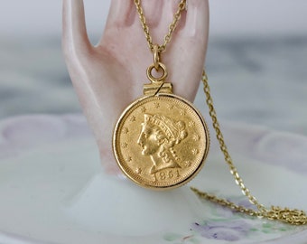 Antique Coin Necklace, Genuine 1851 Liberty Head 2 1/2 Dollar Gold Piece, Adjustable Solid 14k Yellow Gold Chain, Luxury Minimal Jewelry