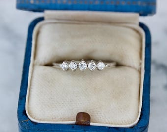 Slender Five Stone Diamond Wedding Band in 14k White Gold, Size 6 Sizable, Dainty April Birthstone Jewelry, Tiny Diamond Stackable Rings