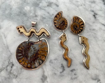 Vintage Mexico Sterling Silver Snake and Ammonite Pendant and Earring Set, Fossilized Ammonite, Carved Serpent Jewelry, Unique and Unusual