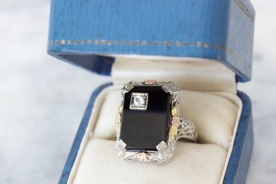 Art Deco Filigree Ring with Diamond Inlaid Black … - image 3