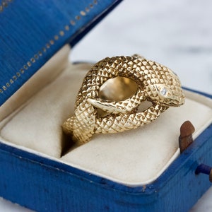 Vintage Gold Snake Ring, Unique Serpent Jewelry, 14k Yellow Gold Size 9, 1960s Statement Ring, Substantial Solid Gold, Diamond Eye Accents image 2