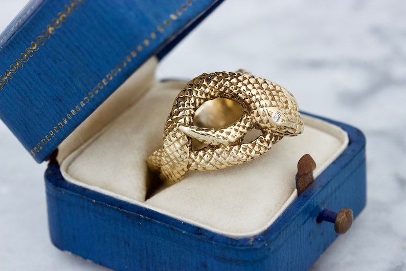 Vintage Gold Snake Ring, Unique Serpent Jewelry, 14k Yellow Gold Size 9, 1960s Statement Ring, Substantial Solid Gold, Diamond Eye Accents image 2