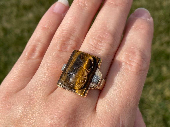 Architectural Tigers Eye Cameo Ring in 10k Yellow Gold Size 9