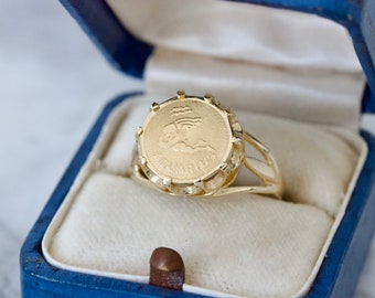 Vintage Aquarius Ring, 14k Yellow Gold Size 7.5, Unique Coin Style Ring, Zodiac Jewelry, January February Birthday Gift, Gold Statement Ring