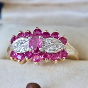 Dainty Ruby Cocktail Ring in 10k Yellow Gold, Size 6.25, Vintage 1980s Fine Jewelry, July Birthstone Ring, East West Oriented Cluster Ring