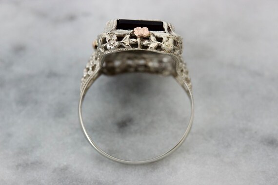 Art Deco Filigree Ring with Diamond Inlaid Black … - image 7