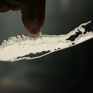 May include: A white paper cutout of Long Island, a popular tourist destination in New York State, is held up by a finger.