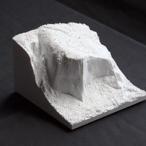 May include: A white plaster model of a mountain range with a textured surface.