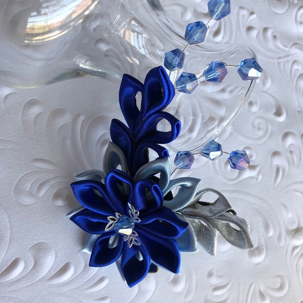 Hair Clip - Cobalt Blue Royal Blue Light Blue Silver Kanzashi Flower with Blue Swarovski Bicone Crystals Wedding Flowers