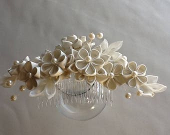 Bridal Hair Comb - Ivory Kanzashi Flowers with Pearls - Wedding Flowers  Bridal Headpieces