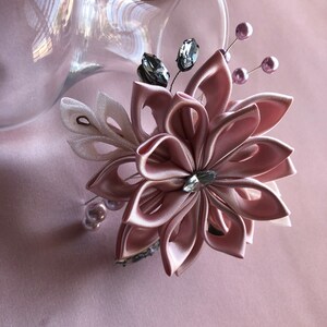 Hair Clip - Pink Kanzashi Flower With Pearls -  Wedding Hair Flowers  Hair Accessories