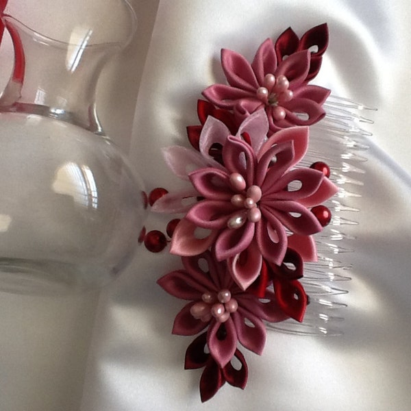Hair Comb - Pink Mauve Dark Pink Wine Red Kanzashi Flowers with Pearls - Wedding Flowers Bridal Headpieces Hair Accessories